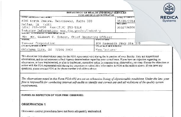 FDA 483 - Inoveon Corporation [Oklahoma City / United States of America] - Download PDF - Redica Systems