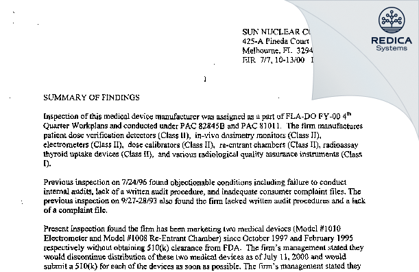 EIR - Sun Nuclear Corporation [Melbourne / United States of America] - Download PDF - Redica Systems