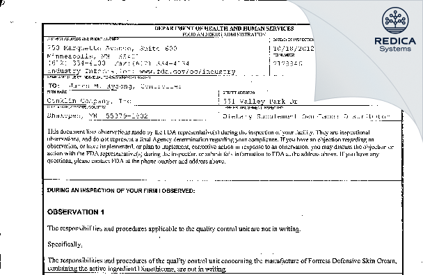 FDA 483 - Conklin Company, Inc. [Shakopee / United States of America] - Download PDF - Redica Systems