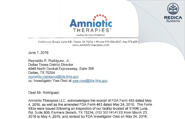 FDA 483 Response - Amniotic Therapies LLC. [Farmers Branch / United States of America] - Download PDF - Redica Systems