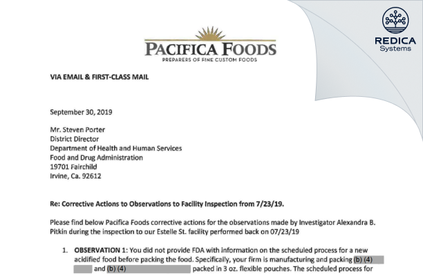 FDA 483 Response - Stir Foods, LLC. Dba Pacifica Foods LLC [Corona / United States of America] - Download PDF - Redica Systems