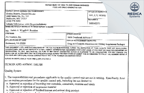 FDA 483 - AG Essence Inc [Sandston Virginia / United States of America] - Download PDF - Redica Systems