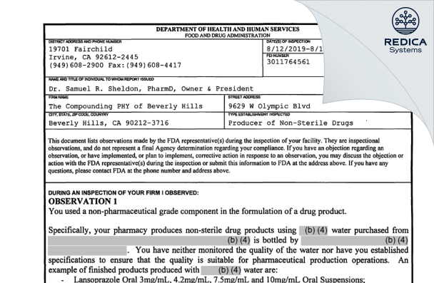 FDA 483 - The Compounding PHY of Beverly Hills [Beverly Hills / United States of America] - Download PDF - Redica Systems