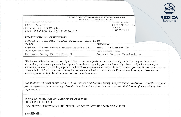 FDA 483 - Implant Direct Sybron Manufacturing LLC [Westlake Village / United States of America] - Download PDF - Redica Systems