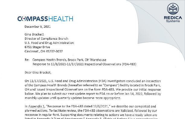 FDA 483 Response - Compass Health Brands Corp. [Brookpark / United States of America] - Download PDF - Redica Systems