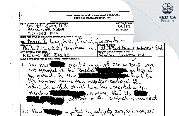 FDA 483 - Mark R. Ling, M.D./MedaPhase, Inc. [Newnan / United States of America] - Download PDF - Redica Systems