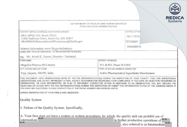 FDA 483 - Megafine Pharma (P) Limited [India / India] - Download PDF - Redica Systems