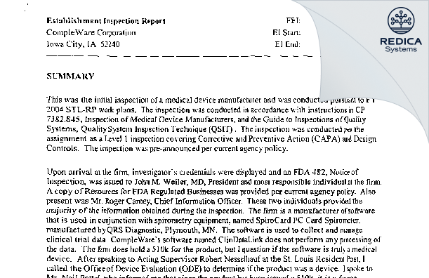 EIR - CompleWare Corp [North Liberty / United States of America] - Download PDF - Redica Systems