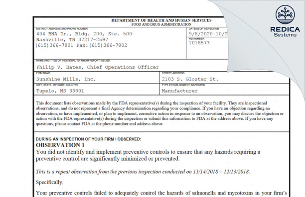 FDA 483 - Sunshine Mills, Inc. [Tupelo / United States of America] - Download PDF - Redica Systems