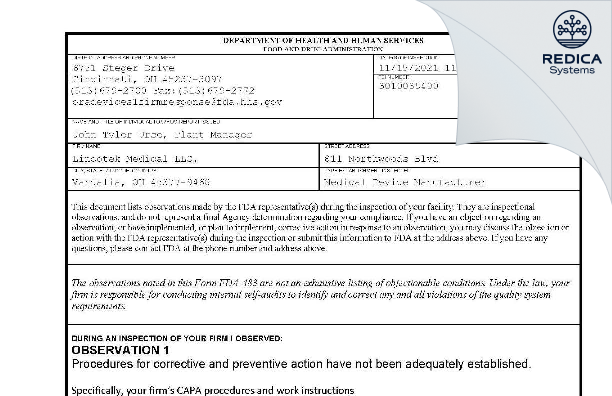 FDA 483 - Lincotek Medical LLC. [Vandalia / United States of America] - Download PDF - Redica Systems