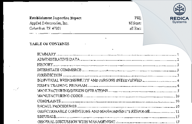 EIR - Applied Laboratories, Inc. [Columbus / United States of America] - Download PDF - Redica Systems
