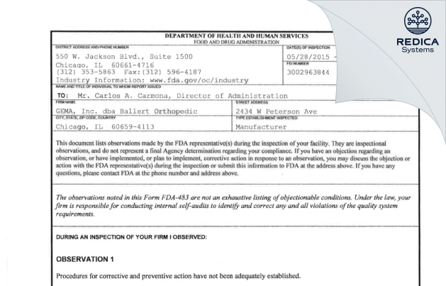 FDA 483 - GEMA, Inc. dba Ballert Orthopedic [Chicago / United States of America] - Download PDF - Redica Systems
