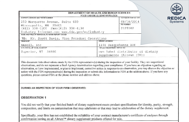 FDA 483 - Amsoil, Inc [Superior / United States of America] - Download PDF - Redica Systems