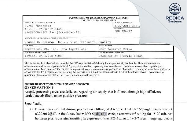 FDA 483 - ImprimisRx CA, Inc., dba ImprimisRx [Irvine / United States of America] - Download PDF - Redica Systems