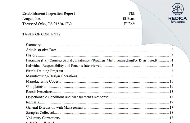 EIR - Amgen, Inc [Thousand Oaks / United States of America] - Download PDF - Redica Systems