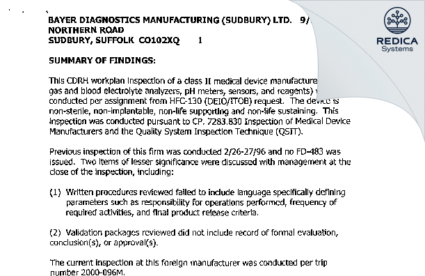 EIR - Bayer Diagnostics Manufacturing [Sudbury / United Kingdom of Great Britain and Northern Ireland] - Download PDF - Redica Systems