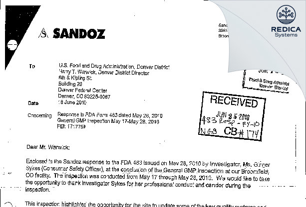FDA 483 Response - Sandoz Incorporated [Broomfield / United States of America] - Download PDF - Redica Systems