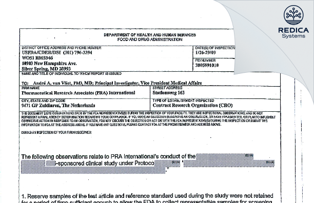 FDA 483 - PRA Group B.V. [Groningen / Netherlands] - Download PDF - Redica Systems