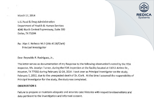 FDA 483 Response - Alan E. Nolasco, M. D. [Houston / United States of America] - Download PDF - Redica Systems