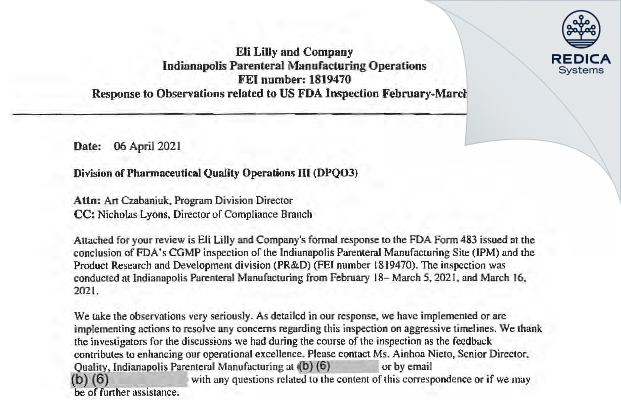 FDA 483 Response - Eli Lilly and Company [Indianapolis / United States of America] - Download PDF - Redica Systems