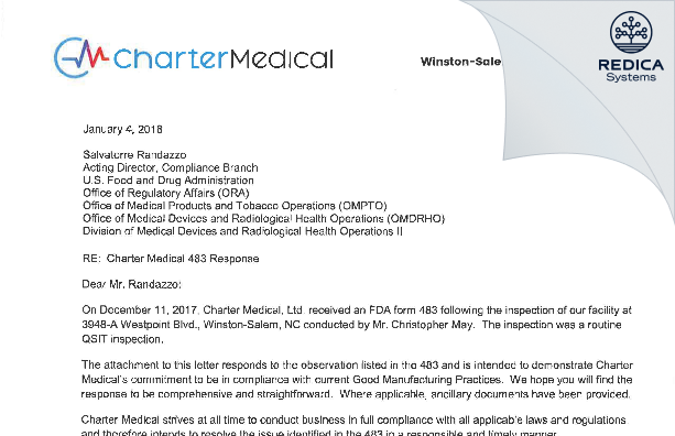 FDA 483 Response - Charter Medical Limited [Winston Salem / United States of America] - Download PDF - Redica Systems
