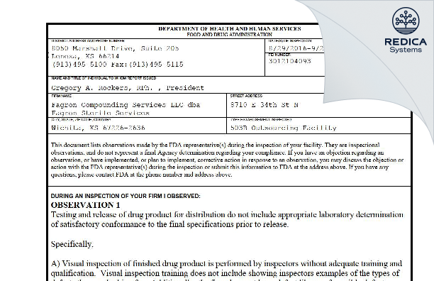 FDA 483 - Fagron Compounding Services [Wichita / United States of America] - Download PDF - Redica Systems