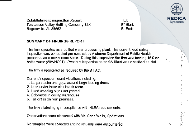 EIR - Tennessee Valley Bottling Company LLC [Rogersville / United States of America] - Download PDF - Redica Systems