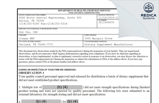 FDA 483 - Cosmax Nbt Usa, Inc. [Garland / United States of America] - Download PDF - Redica Systems