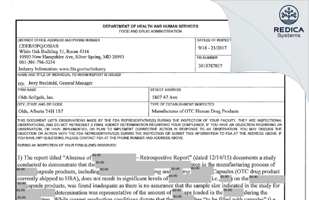 FDA 483 - Olds Softgels, Inc. [Olds / Canada] - Download PDF - Redica Systems