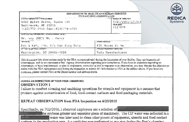 FDA 483 - Nam & Nam, Inc. t/a Sam Sung Tofu [Washington / United States of America] - Download PDF - Redica Systems