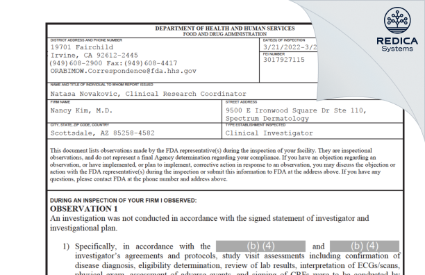 FDA 483 - Nancy Kim, M.D. [Scottsdale / United States of America] - Download PDF - Redica Systems