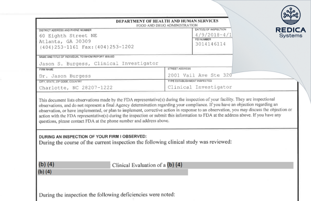 FDA 483 - Dr. Jason Burgess [Charlotte / United States of America] - Download PDF - Redica Systems