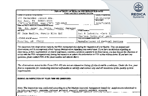 FDA 483 - Abbott Medical [Arecibo / United States of America] - Download PDF - Redica Systems