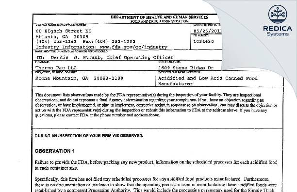FDA 483 - Thermo Pac LLC [Stone Mountain / United States of America] - Download PDF - Redica Systems