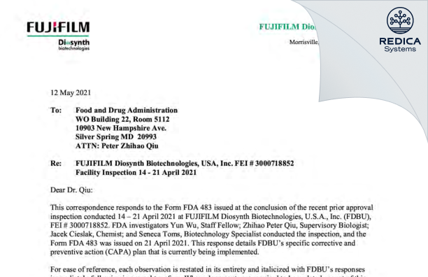 FDA 483 Response - FUJIFILM Diosynth Biotechnologies U.S.A., Inc [Research Triangle Park / United States of America] - Download PDF - Redica Systems