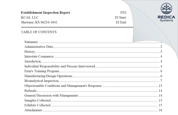 EIR - KCAS, LLC [Shawnee Mission / United States of America] - Download PDF - Redica Systems