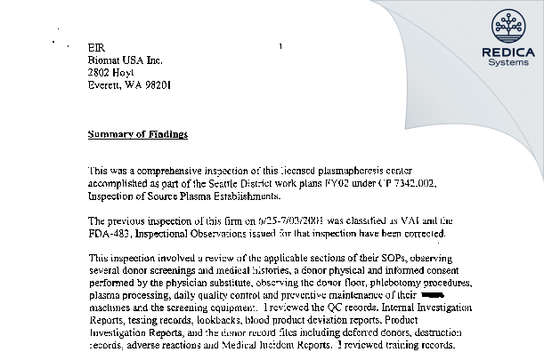EIR - Biomat USA, Inc. [Everett / United States of America] - Download PDF - Redica Systems