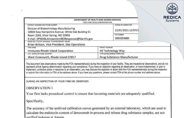 FDA 483 - Immunex Rhode Island Corporation [West Greenwich / United States of America] - Download PDF - Redica Systems