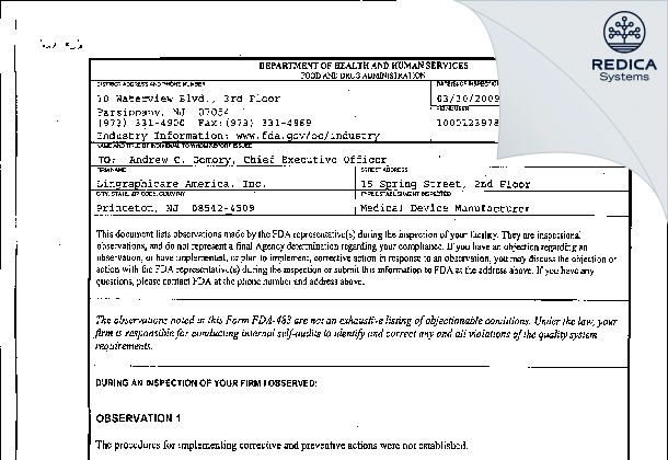 FDA 483 - Lingraphicare America, Inc. [Princeton / United States of America] - Download PDF - Redica Systems