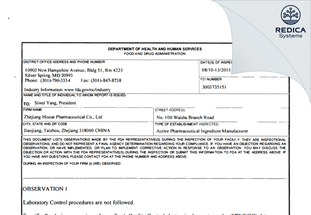 FDA 483 - Zhejiang Hisoar Pharmaceutical Co., Ltd. [China / China] - Download PDF - Redica Systems