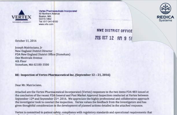 FDA 483 Response - Vertex Pharmaceuticals Incorporated [Boston / United States of America] - Download PDF - Redica Systems
