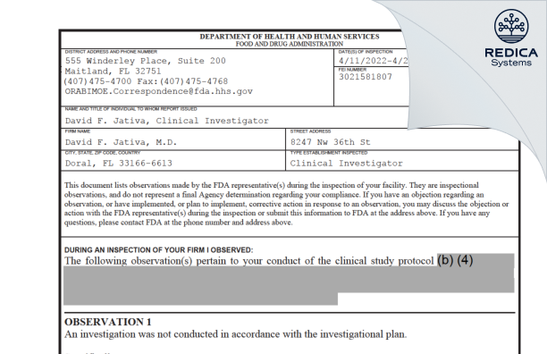 FDA 483 - David F. Jativa, M.D. [Doral / United States of America] - Download PDF - Redica Systems