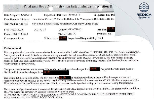 EIR - John Zidian Co Inc [Youngstown / United States of America] - Download PDF - Redica Systems