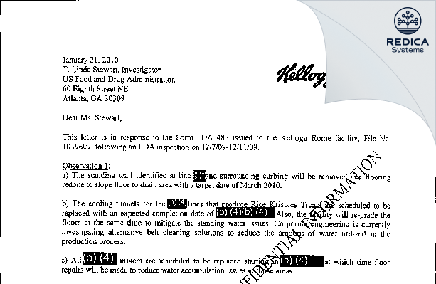 FDA 483 Response - KEEBLER COMPANY [Rome / United States of America] - Download PDF - Redica Systems