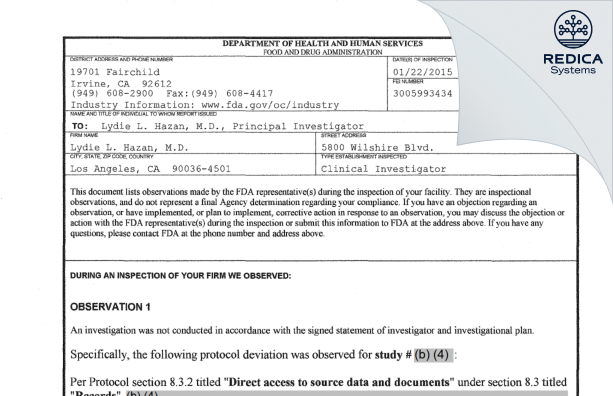 FDA 483 - Lydie L. Hazan, M.D. [Los Angeles / United States of America] - Download PDF - Redica Systems