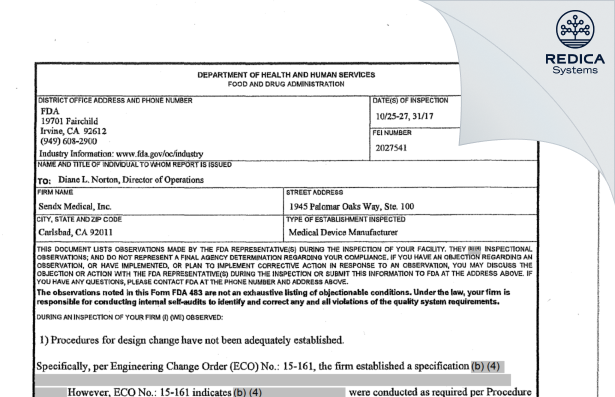 FDA 483 - Sendx Medical Inc [Carlsbad / United States of America] - Download PDF - Redica Systems
