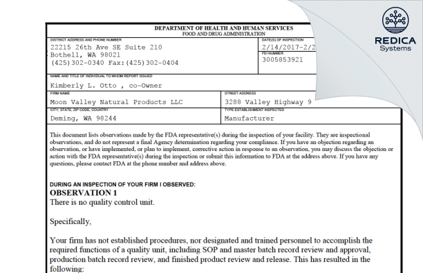FDA 483 - Moon Valley Natural Products LLC [Deming / United States of America] - Download PDF - Redica Systems
