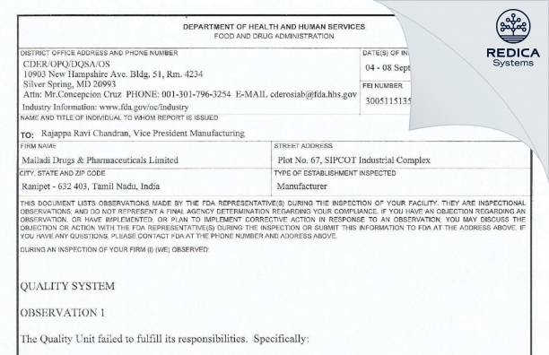 FDA 483 - Malladi Drugs & Pharmaceuticals Limited [India / India] - Download PDF - Redica Systems