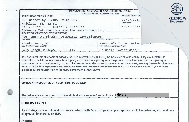 FDA 483 - Pinsky Mark, MD [Palm Beach Gardens / United States of America] - Download PDF - Redica Systems