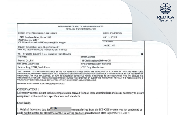 FDA 483 - Enprani Co., Ltd. [- / -] - Download PDF - Redica Systems